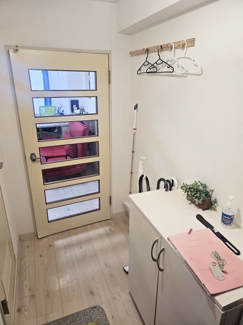 A home entryway with a glass-paneled door, a wall-mounted coat rack, and a cabinet holding keys and hand sanitizer.