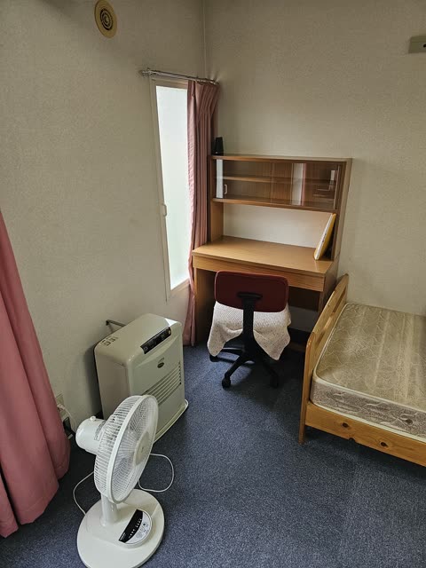 A small room with blue carpet contains a wooden desk, a red chair, a single bed, a fan, and a space heater.
