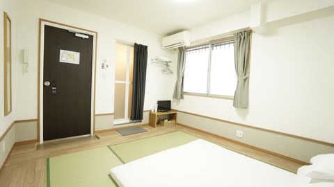 A hotel room is furnished with a bed on green tatami mats, a small television, and a window with gray curtains.