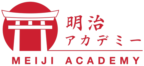 The Meiji Academy logo with a red torii gate over a red sun next to the name in Japanese kanji, katakana, and English letters.