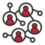 Red icons of people are interconnected within a network.