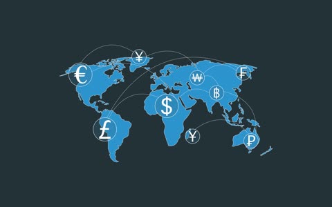 International currency symbols are connected by dotted lines across a blue world map.